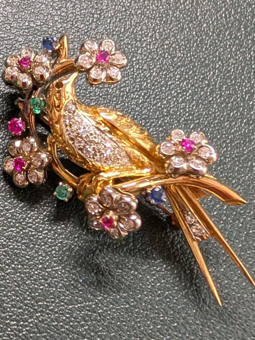 18K Yellow Gold Bird Brooch Diamonds, Emeralds, Rubies & Sapphires Estate Pin